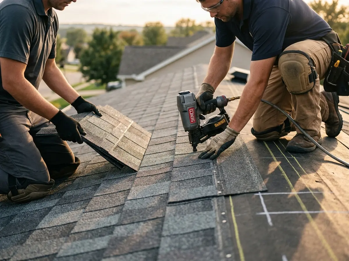 Professional roofer working on a residential roof in Corry